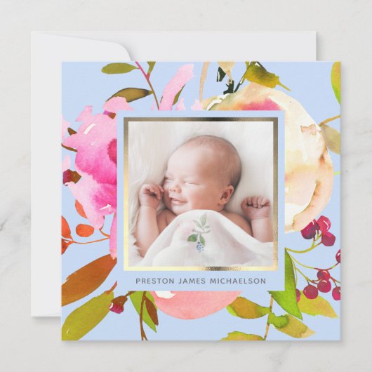 青い水色のフローラ写真の誕生発表 招待状 (正面)