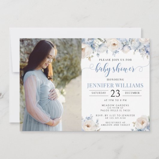 青い水色のフローラ男の赤ちゃんシャワーフォト 招待状 (正面)