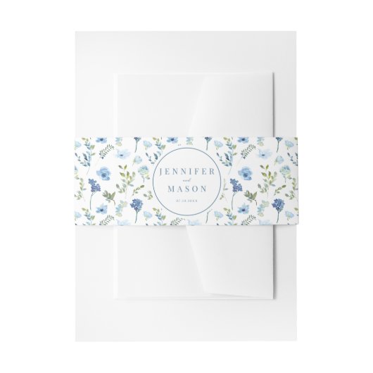 青い水色のフローラ素朴結婚の腹バンド 招待状ベリーバンド (正面例)