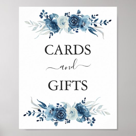 青い水色のフローラ結婚のカードとギフトサイン ポスター (正面)