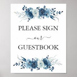 青い水色のフローラ結婚のゲストブックのサイン ポスター
