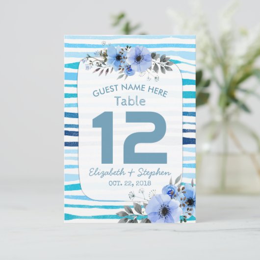 青い水色のフローラ結婚の配置表番号 招待状 (スタンド正面)