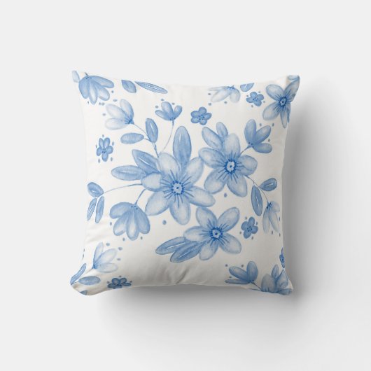 青い水色のブーケ模様のリバーブル クッション (正面)