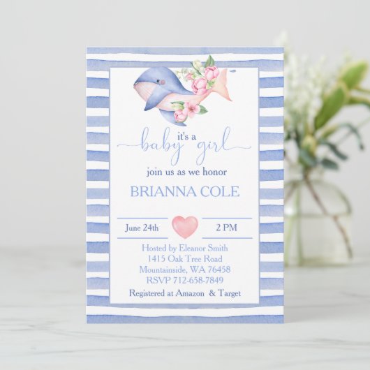 青い水色のホエー航海のルの女の子の赤ちゃんシャワー 招待状 (スタンド正面)