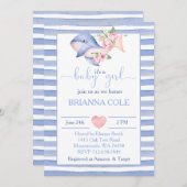 青い水色のホエー航海のルの女の子の赤ちゃんシャワー 招待状 (正面/裏面)