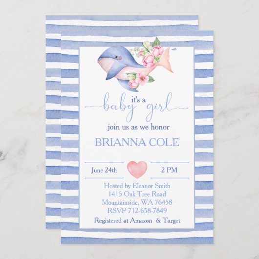 青い水色のホエー航海のルの女の子の赤ちゃんシャワー 招待状 (正面/裏面)