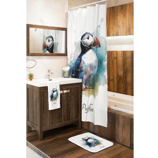青い水色の可愛いパフィンをカスタマイズ シャワーカーテン