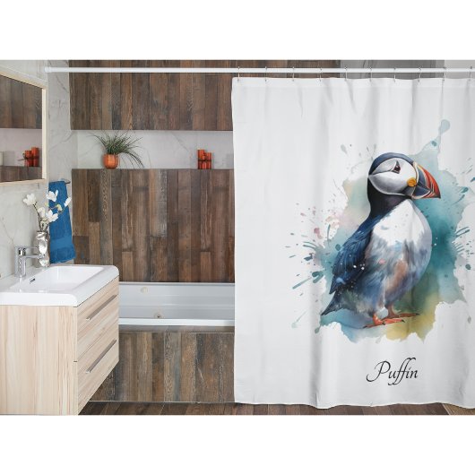 青い水色の可愛いパフィンをカスタマイズ シャワーカーテン