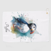 青い水色の可愛いパフィン、カスタマイズ可能 ゴルフタオル (横)