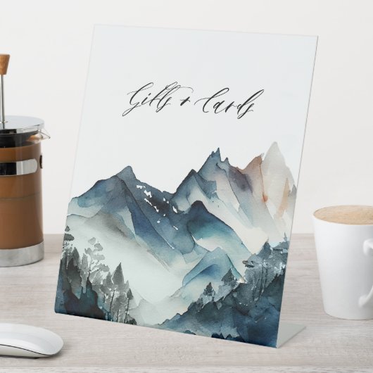 青い水色の山の贈り物とカード 台座サイン (インサイチュ)