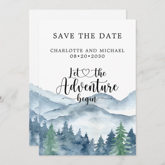 青い水色の森の山の日付を保存 セーブザデート (正面/裏面)