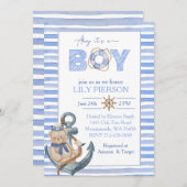 青い水色の熊航海の帆船の赤ちゃんシャワー 招待状 (正面/裏面)