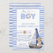 青い水色の熊航海の帆船の赤ちゃんシャワー 招待状 (正面/裏面)