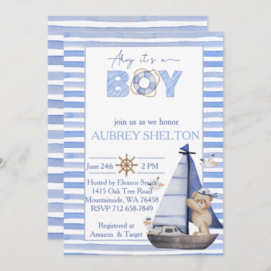 青い水色の熊航海の帆船の赤ちゃんシャワー 招待状 (正面/裏面)