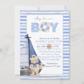 青い水色の熊航海の帆船の赤ちゃんシャワー 招待状 (正面)