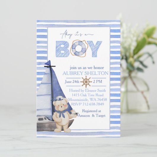 青い水色の熊航海の帆船の赤ちゃんシャワー 招待状 (スタンド正面)