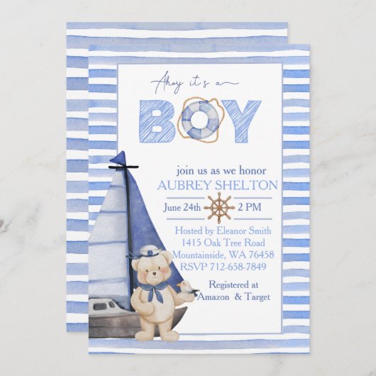 青い水色の熊航海の帆船の赤ちゃんシャワー 招待状 (正面/裏面)