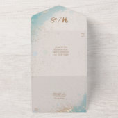 青い水色の熱帯ビーチ結婚金ゴールド オールインワン招待状 (外側)