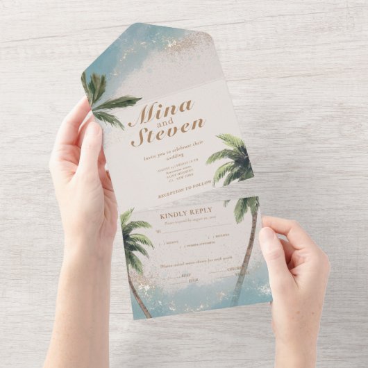 青い水色の熱帯ビーチ結婚金ゴールド オールインワン招待状 (貼ってはがせる)