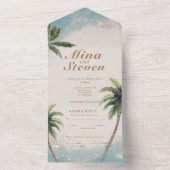 青い水色の熱帯ビーチ結婚金ゴールド オールインワン招待状 (内側)