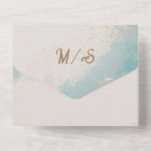 青い水色の熱帯ビーチ結婚金ゴールド オールインワン招待状 (裏面)