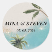 青い水色の熱帯ビーチ結婚金ゴールド ラウンドシール (正面)
