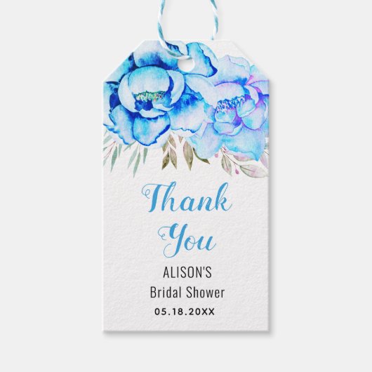 青い水色の花ありがとうブライダルシャワー ギフトタグ (正面)