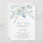 青い水色の花の最初の聖なる聖餐会 招待状 (正面)