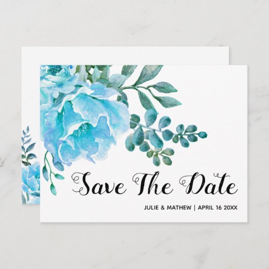 青い水色の花の結婚式の日付を保存 案内ポストカード (正面/裏面)