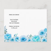 青い水色の花の結婚式の日付を保存 案内ポストカード (裏面)