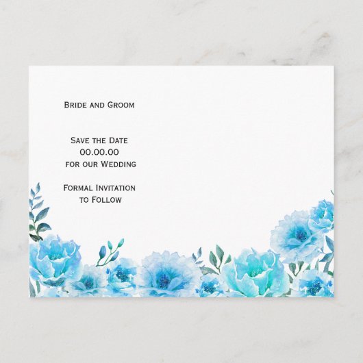 青い水色の花の結婚式の日付を保存 案内ポストカード (裏面)