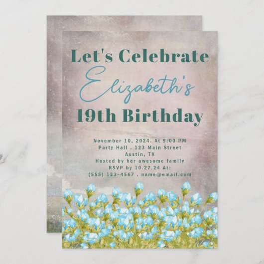 青い水色の花の背素朴景 招待状 (正面/裏面)