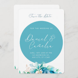 青い水色の花を保存する日付招待状 セーブザデート