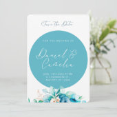 青い水色の花を保存する日付招待状 セーブザデート (スタンド正面)