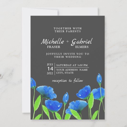 青い水色の花フローラ結婚の。ブラック 招待状 (正面)
