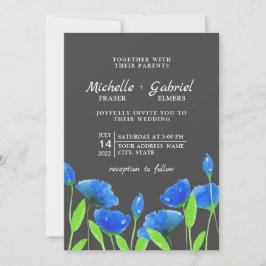 青い水色の花フローラ結婚の。ブラック 招待状