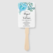 青い水色の花フローラ結婚式プログラム ハンドファン (正面)