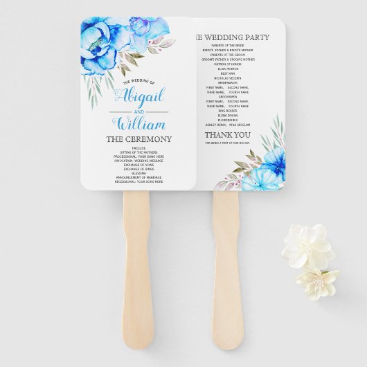 青い水色の花フローラ結婚式プログラム ハンドファン (正面&裏面)