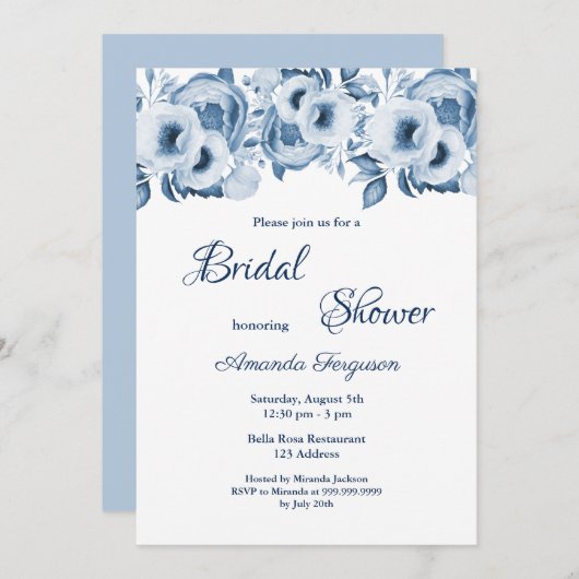 青い水色の花模様白ブライダルシャワー 招待状 (正面/裏面)