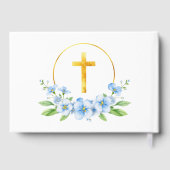 青い水色の花模様、金ゴールドクロスボーイバプテスマ ゲストブック (裏面)