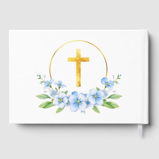 青い水色の花模様、金ゴールドクロスボーイバプテスマ ゲストブック (裏面)