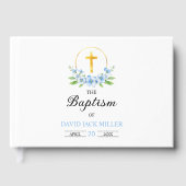 青い水色の花模様、金ゴールドクロスボーイバプテスマ ゲストブック (正面)