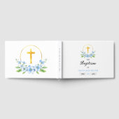 青い水色の花模様、金ゴールドクロスボーイバプテスマ ゲストブック (全面)