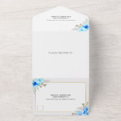 青い水色の花金ゴールド結婚枠 オールインワン招待状 (外側)