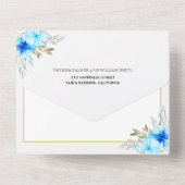 青い水色の花金ゴールド結婚枠 オールインワン招待状 (裏面)