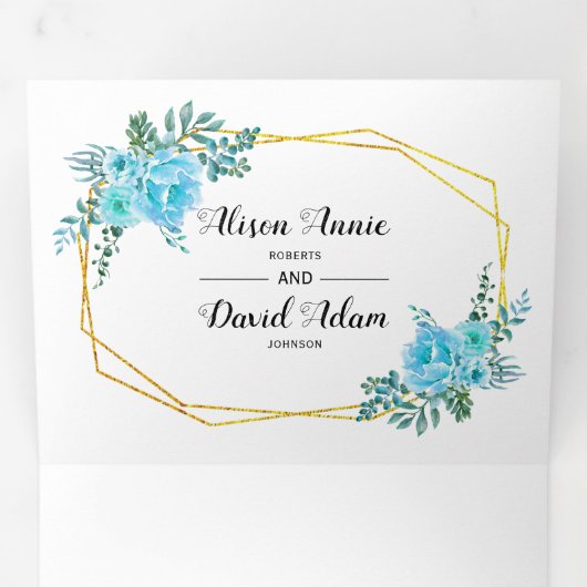 青い水色の花、タイポグラフィ結婚フローラ 三つ折り招待状 (内部最初)