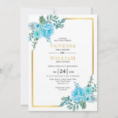 青い水色の花、金ゴールドフレーム結婚フローラ 招待状 (正面)