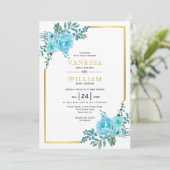 青い水色の花、金ゴールドフレーム結婚フローラ 招待状 (スタンド正面)