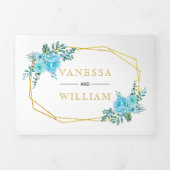 青い水色の花、金ゴールド幾何結婚の 三つ折り招待状 (カバー)