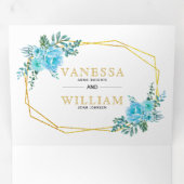 青い水色の花、金ゴールド幾何結婚の 三つ折り招待状 (内部最初)
